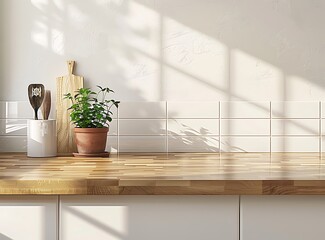 Modern kitchen interior with a wooden countertop and white tiles on the wall, 