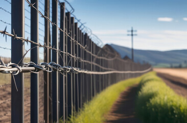 Obraz premium Barbed wire fence, receding perspective. Fencing at a military facility, prison