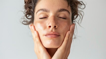 A woman performing facial yoga exercises to tone and tighten facial muscles, promoting a more youthful appearance and improved skin elasticity.