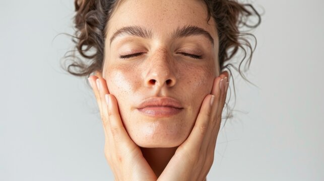 A woman performing facial yoga exercises to tone and tighten facial muscles, promoting a more youthful appearance and improved skin elasticity.