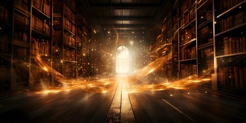 Glowing Brown Energy Particles Illuminate Futuristic Library Full of Books. Concept Science Fiction, Futuristic Technology, Luminescent Particles, Virtual Reality, Knowledge Repository