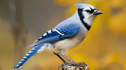  A blue-and-white bird perches atop a wooden post against a yellow and brown backdrop A blurred tree lies in the foreground - Powered by Adobe