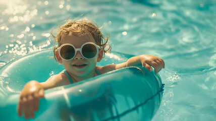 Naklejka premium A child in sunglasses is swimming in the pool on a turquoise inflatable ring. 