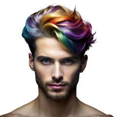Naklejka premium Young Man With Vibrant Rainbow Hair Against Transparent Background