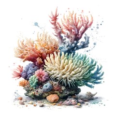 Ein atemberaubendes fantasievolles Bild, das Korallen darstellt. Mit verzweigten, lebhaften Tentakeln in Pastellfarben, wundersch&ouml;n und filigran detailliert im Aquarell Stil