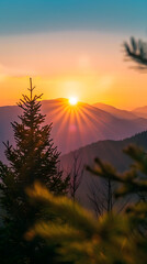 Serene Sunrise over Mountain Landscape with Pine Trees Silhouetted Against a Radiant Backdrop