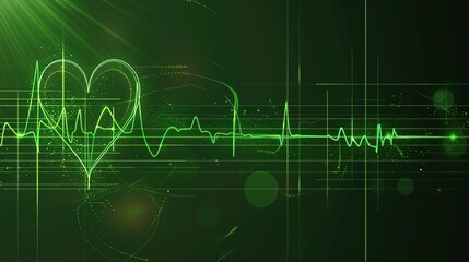 Bright digital illustration of heartbeat with ECG pulse on dark green background