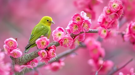  A small green bird on a tree branch, surrounded by pink flowers in the foreground The background softly features more pink flowers