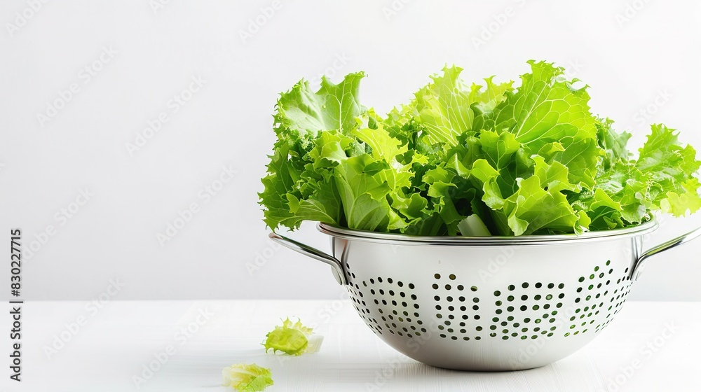 Wall mural Bright green lettuce leaves in a stainless steel colander on a clean white background - Wall murals