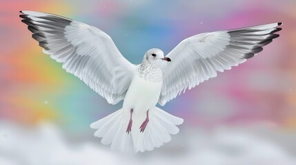  A white bird flies against a sky backdrop adorned with one rainbow arching below and another radiating above