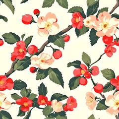 Seamless floral pattern with red and pink flowers on branches. Perfect for fabric designs and wallpapers. AI