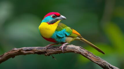  A vibrant bird perches on a tree branch against a lush, green forest backdrop The scene is set against a softly blurred green leafy background