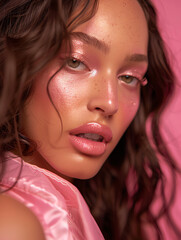 A girl with pink glamourous and shiny makeup