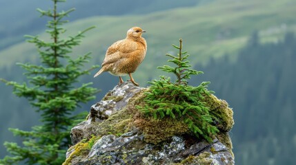  A bird perches atop a moss-covered rock, nestled before a pine tree Beyond, a mountain range emerges, framed by a valley in the distance Green grass - Powered by Adobe