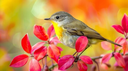  A small bird perched on a tree branch against a blurred backdrop of red, yellow, pink, and green leaves Red and yellow flowers sit prominently at the base of the