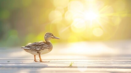  A duck stands before the bright sun, sunshine reaching the ground where it stands - Powered by Adobe