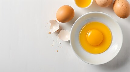 Fresh eggs on white table with cracked shells and bowl of egg yolk. Perfect for cooking. High-quality stock photo for culinary projects. Minimalist style. AI