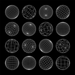 Wireframe shapes, lined sphere. Perspective mesh, 3d grid. Low poly geometric elements. Retro futuristic design elements, y2k, vaporwave and synthwave style. Vector illustration