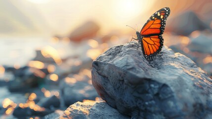  A butterfly atop a rock near a body of water; sun illuminates rocks, waters' distance blurs