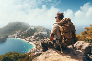 A man with a backpack sits on a rock overlooking a coastal town with a bay and mountains in the background. The sky is clear with some clouds, and the scene suggests adventure and travel. - Powered by Adobe