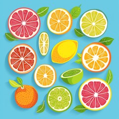 Colorful citrus fruit slices on a blue background, showcasing a variety of vibrant and fresh oranges, lemons, limes, and grapefruits.