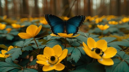  A blue butterfly sits on a yellow flower, surrounded by green leaves and yellow blossoms in the foreground Behind it lies a forest