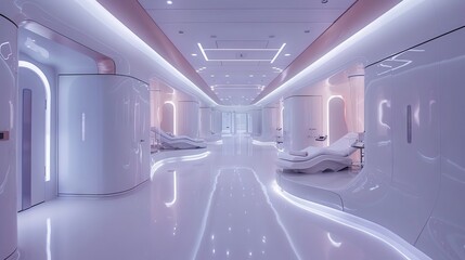 Obraz premium The image shows a futuristic hospital room with a patient in a bed. The room is equipped with advanced medical technology.
