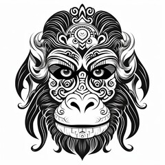 Fototapeta premium Tribal Monkey Face Black and White Tattoo-Inspired T-Shirt Design