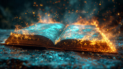 Enchanted Book Aflame with Mystical Energy in a Dark Forest Setting
