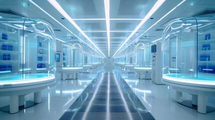 The image shows a long, futuristic hallway with a glowing blue floor.