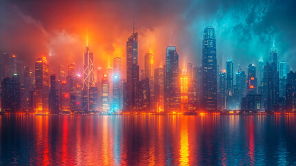 Vibrant night cityscape with illuminated skyscrapers and their reflections on water, showcasing a modern urban skyline in warm and cool tones.