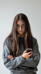 Fototapeta premium AI Generated image of A Teen Girl in a red sweater is looking at her phone