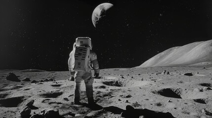 Obraz premium An astronaut standing on the surface of the moon, with Earth visible in the sky above, a symbol of humanity's achievements in space exploration.