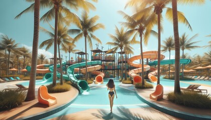 Woman walking towards water slides in a resort - A woman approaches colorful water slides in a tropical pool resort surrounded by palm trees