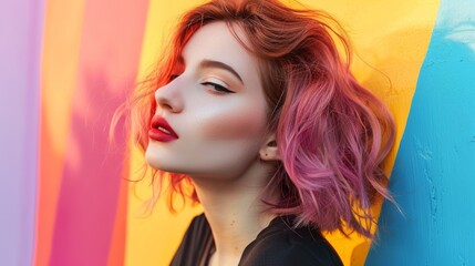 Naklejka premium An attractive woman with vibrant hair posing against a colorful background, showcasing her unique style and personality.