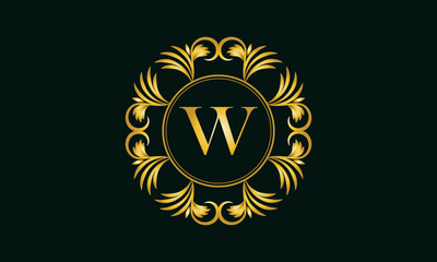 Golden elegant monogram in the form of a ring design with the letter W in the center. Vector illustration.   Luxury ornament for restaurant logo, business, jewelry, etc