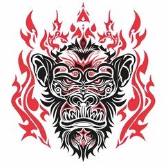 Tribal Monkey Face Black and White Tattoo-Inspired T-Shirt Design