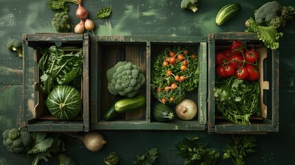 Wooden boxes filled with vegetables on a green backdrop symbolizing the harvest
