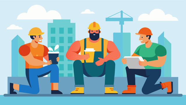 A group of construction workers taking a break on a building site chatting about the expectations of having a tough and muscular physique in their line of work.. Vector illustration