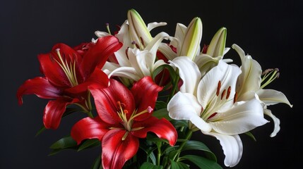 Bouquet of lilies red and white floral design horticulture botanicals blossoms foliage