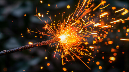 Obraz premium Closeup of a sparkler burning, sparks flying against a dark background