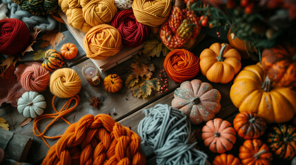 close-up of hands working with yarn among autumn-themed items, including colorful skeins, decorative pumpkins, marigold flowers, and a wicker basket, capturing the essence of autumn with warm colors a