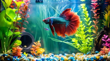 An ornate betta fish tank adorned with colorful decorations and live plants, providing a serene and natural habitat for these majestic fish.