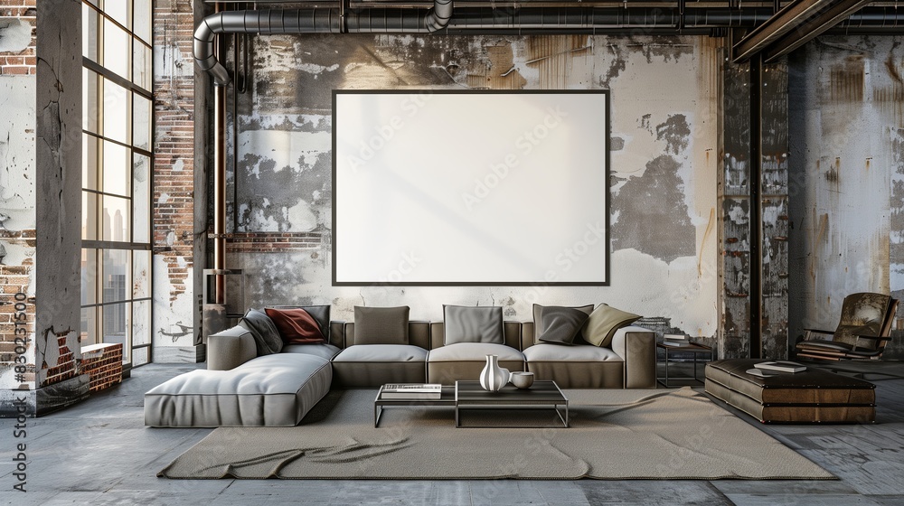 Wall mural modern design room with interior sofa, wall and house furniture, white empty floor frame, home livin