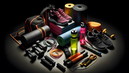 A dynamic arrangement of various sports items, including yoga mats, sneakers, water bottles, and resistance bands, set against a black background.