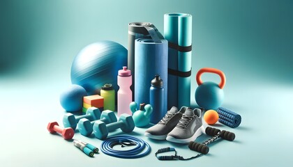 A well-organized collection of sports equipment featuring yoga mats, water bottles, dumbbells, and exercise balls, set against a teal background.