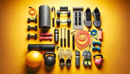 A vibrant layout of sports gear including yoga mats, sneakers, water bottles, and resistance bands, presented on a yellow background.