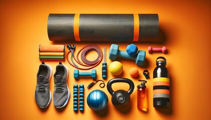 An array of fitness items including yoga mats, kettlebells, sneakers, and resistance bands, laid out neatly against a teal backdrop.