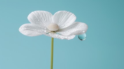  A solitary white bloom with dewdrops on its petals, set against a backdrop of blue, features a water droplet in its center