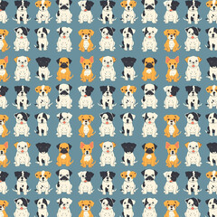  seamless pattern featuring a variety of stylized cartoon dogs in playful colors